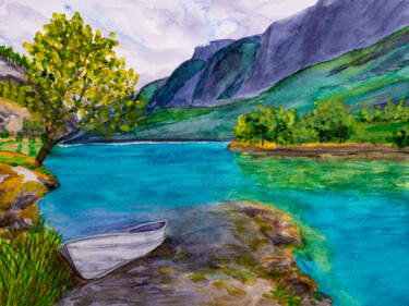 Pintura titulada "Lovatnet Lake Norwa…" por Arina Yastrebova, Obra de arte original, Acuarela