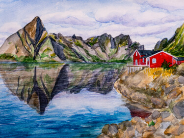 Malerei mit dem Titel "Fishing Village Lof…" von Arina Yastrebova, Original-Kunstwerk, Aquarell