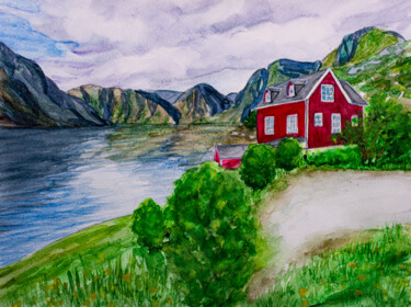 Painting titled "Sognefjord, Red Hou…" by Arina Yastrebova, Original Artwork, Watercolor