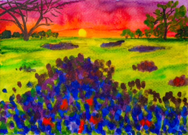 Malerei mit dem Titel "Bluebonnets Field T…" von Arina Yastrebova, Original-Kunstwerk, Aquarell