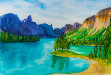 Pintura intitulada "Mountain Lake Michi…" por Arina Yastrebova, Obras de arte originais, Aquarela