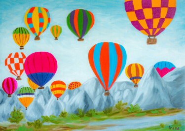 Painting titled "Colorful Hot Air Ba…" by Arina Yastrebova, Original Artwork, Oil Mounted on Wood Stretcher frame