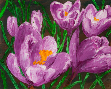 Schilderij getiteld "Purple Crocuses Flo…" door Arina Yastrebova, Origineel Kunstwerk, Olie