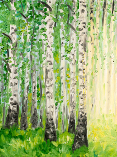 Schilderij getiteld "Birch Trees Forest…" door Arina Yastrebova, Origineel Kunstwerk, Olie