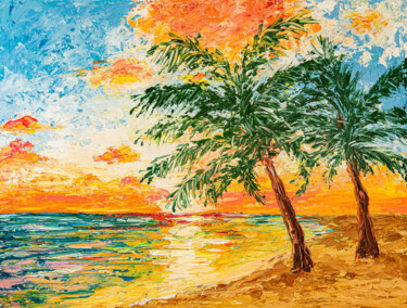 Schilderij getiteld "Paradise Beach, Pal…" door Arina Yastrebova, Origineel Kunstwerk, Olie