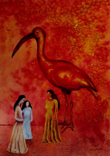 Malerei mit dem Titel "Ibis escarlate 1" von Aristides Meneses, Original-Kunstwerk, Öl