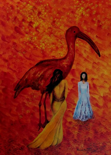Malerei mit dem Titel "Ibis escarlate 2" von Aristides Meneses, Original-Kunstwerk, Öl