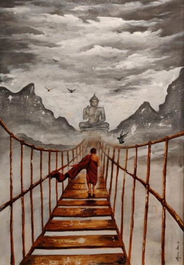 Pittura intitolato "Buddha and monk chi…" da Arjun Das, Opera d'arte originale