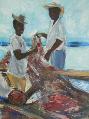 Peinture intitulée "the fishermen" par Arlette Fougeras Lavergnolle, Œuvre d'art originale