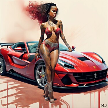 Beautiful young woman posing in front of a Ferrari n2 Arts numériques intitulée "Beautiful young wom…" par Armajay, Œuvre d'art originale, Peinture numérique