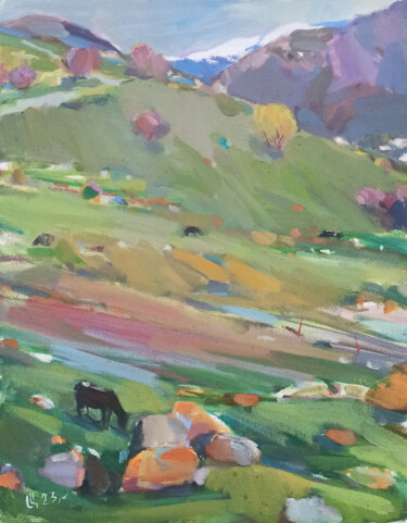 Painting titled "Tranquil Meadows" by Arman Avagyan, Original Artwork, Oil Mounted on Wood Stretcher frame