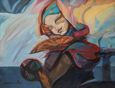 Картина под названием "Girl with a fan" - Arman Bai, Подлинное произведение искусства, Масло