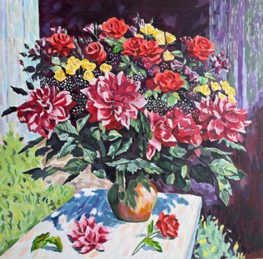 Painting titled "Flowers" by Arman Khlghatyan, Original Artwork, Oil Mounted on Wood Panel