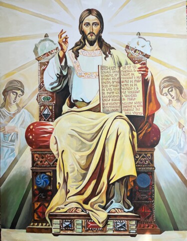 Painting titled "Christ with angels" by Arman Khlghatyan, Original Artwork, Oil Mounted on Wood Panel