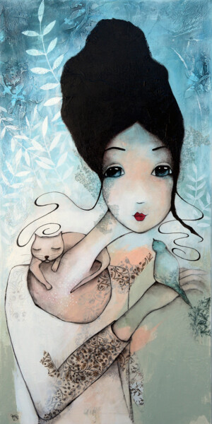 Malerei mit dem Titel "Le chat et l'oiseau" von Armandine Js, Original-Kunstwerk, Acryl