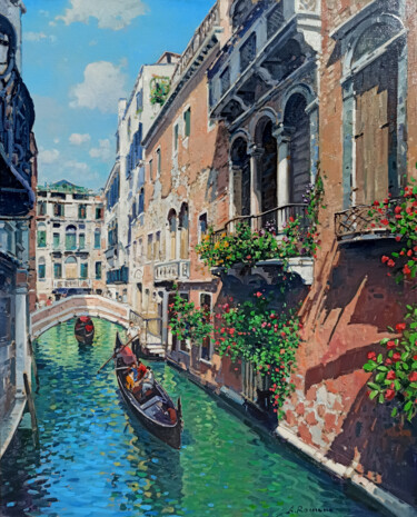 Painting titled "Venice canal" by Armando Romano, Original Artwork, Oil Mounted on Wood Stretcher frame