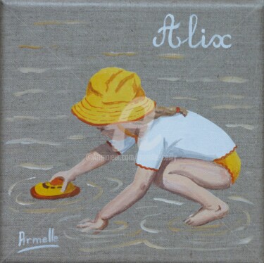 Painting titled "fillette au bateau" by Armelle Cailly, Original Artwork, Acrylic Mounted on Wood Stretcher frame