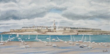 Painting titled "Saint Malo mouillag…" by Armelle Cailly, Original Artwork, Watercolor Mounted on Cardboard