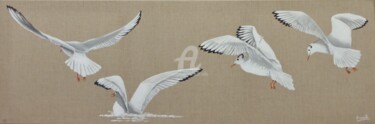 Painting titled "Vol de mouettes 4" by Armelle Cailly, Original Artwork, Acrylic Mounted on Wood Stretcher frame