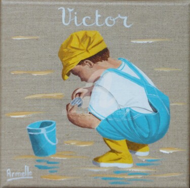 Painting titled "petit pêcheur perso…" by Armelle Cailly, Original Artwork, Acrylic Mounted on Wood Stretcher frame