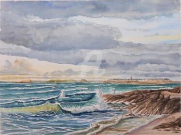 Painting titled "Saint Malo vu de Di…" by Armelle Cailly, Original Artwork, Watercolor Mounted on Cardboard