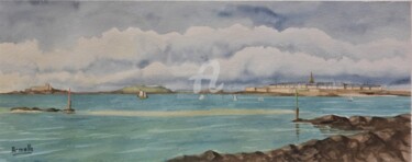 Painting titled "Marée basse à Saint…" by Armelle Cailly, Original Artwork, Watercolor