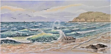 Painting titled "Mer agitée à Saint…" by Armelle Cailly, Original Artwork, Watercolor Mounted on Cardboard