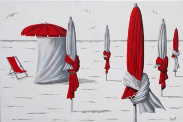 Schilderij getiteld "Parasols sur fond b…" door Armelle Cailly, Origineel Kunstwerk, Acryl Gemonteerd op Frame voor houten b…