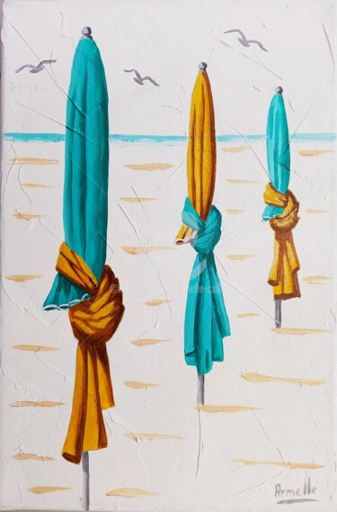 Painting titled "Parasols sur fond b…" by Armelle Cailly, Original Artwork, Acrylic Mounted on Wood Stretcher frame