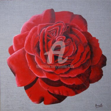 Painting titled "Rose rouge 1" by Armelle Cailly, Original Artwork, Acrylic Mounted on Wood Stretcher frame