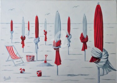 Painting titled "parasols rouges sur…" by Armelle Cailly, Original Artwork, Acrylic Mounted on Wood Stretcher frame