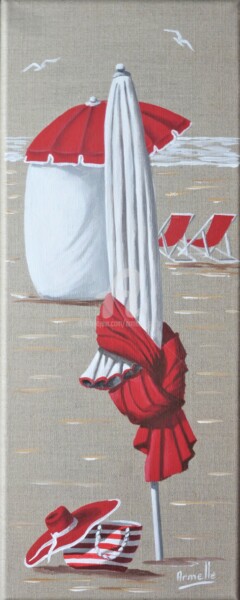 Painting titled "Parasols sac et cha…" by Armelle Cailly, Original Artwork, Acrylic Mounted on Wood Stretcher frame