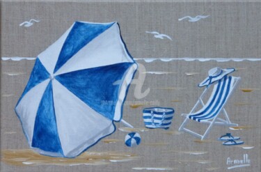 Painting titled "plage en bleu" by Armelle Cailly, Original Artwork, Acrylic Mounted on Wood Stretcher frame