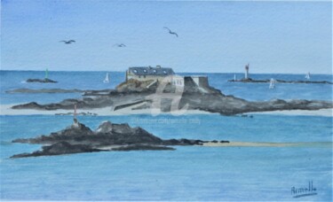 Painting titled "Dinard: fort Harbour" by Armelle Cailly, Original Artwork, Watercolor Mounted on Cardboard