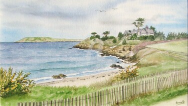 Painting titled "Plage du port aux c…" by Armelle Cailly, Original Artwork, Watercolor Mounted on Cardboard