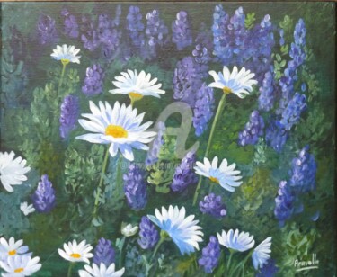 Painting titled "Marguerites et lupi…" by Armelle Cailly, Original Artwork, Acrylic Mounted on Wood Stretcher frame