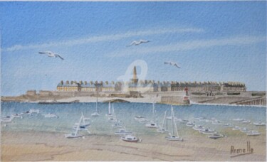 Painting titled "Saint Malo Cité cor…" by Armelle Cailly, Original Artwork, Watercolor Mounted on Cardboard