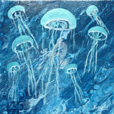 Painting titled "Méduses turquoise" by Armelle Cailly, Original Artwork, Acrylic Mounted on Wood Stretcher frame