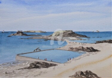 Painting titled "Piscine de Bon Seco…" by Armelle Cailly, Original Artwork, Watercolor Mounted on Cardboard
