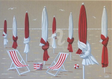 Painting titled "parasols rouges et…" by Armelle Cailly, Original Artwork, Acrylic Mounted on Wood Stretcher frame