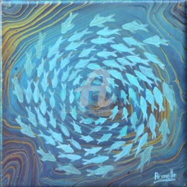 Schilderij getiteld "poissons turquoise" door Armelle Cailly, Origineel Kunstwerk, Acryl Gemonteerd op Frame voor houten bra…