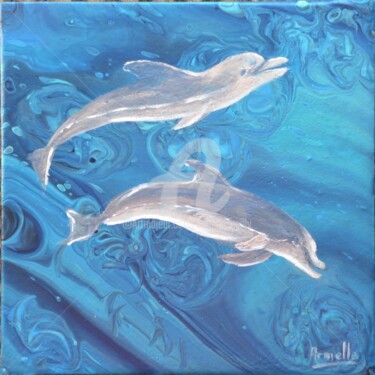 Painting titled "Dauphins argentés" by Armelle Cailly, Original Artwork, Acrylic Mounted on Wood Stretcher frame