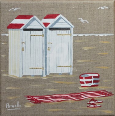 Painting titled "Cabines rouges" by Armelle Cailly, Original Artwork, Acrylic Mounted on Wood Stretcher frame