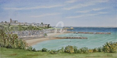 Painting titled "Cancale panorama" by Armelle Cailly, Original Artwork, Watercolor Mounted on Cardboard