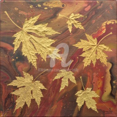 Painting titled "feuilles d'automnes" by Armelle Cailly, Original Artwork, Collages Mounted on Wood Stretcher frame