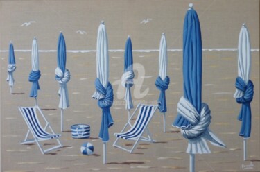 Painting titled "Parasols blancs et…" by Armelle Cailly, Original Artwork, Acrylic Mounted on Wood Stretcher frame