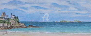Painting titled "Dinard Plage de l'E…" by Armelle Cailly, Original Artwork, Watercolor Mounted on Cardboard