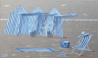 Pintura intitulada "3 tentes à Dinard" por Armelle Cailly, Obras de arte originais, Acrílico Montado em Armação em madeira