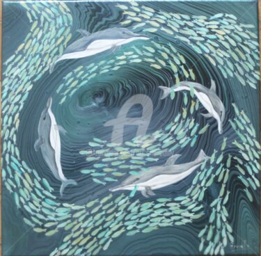 Painting titled "Dauphins en chasse" by Armelle Cailly, Original Artwork, Acrylic Mounted on Wood Stretcher frame