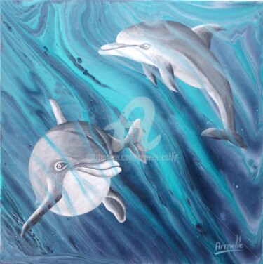 Painting titled "Dauphins" by Armelle Cailly, Original Artwork, Acrylic Mounted on Wood Panel